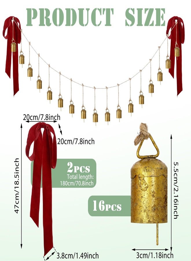 Otoolling 16 Pcs Vintage Gold Christmas Cow Bells Garland Rustic Hanging Christmas Decor for Farmhouse Xmas Metal Cow Decorative Bells Cluster on Rope with Red Bow for Banister Wall Doorway - Image 3